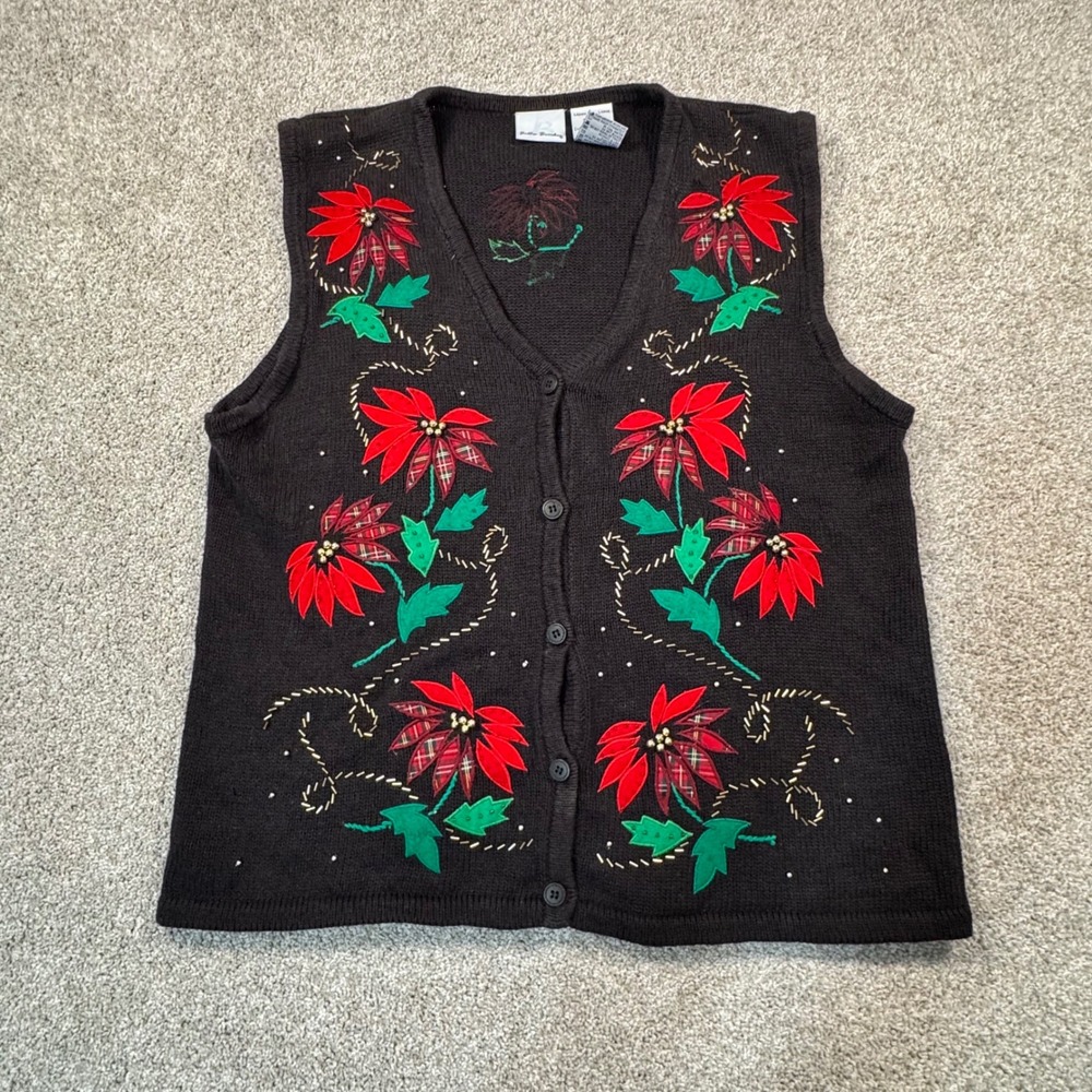 Bobbie Brooks Christmas Sweater Vest Womens Large Black Poinsettia Beaded